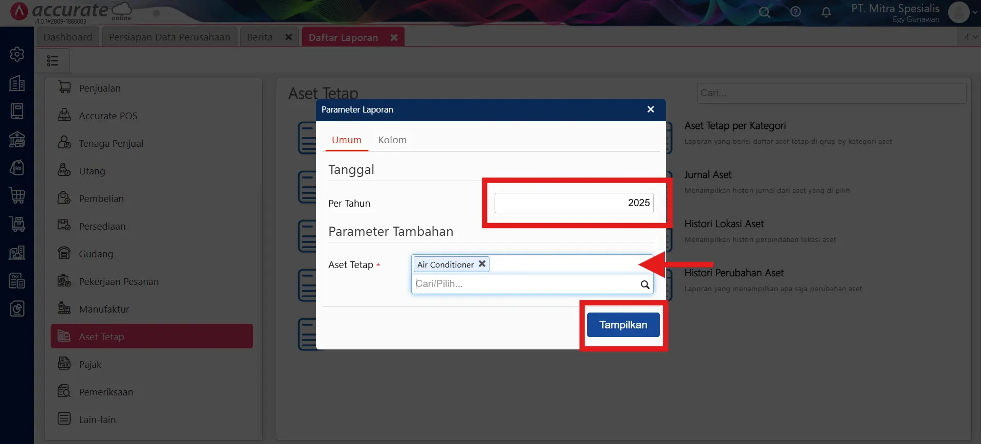 Cara melihat laporan penyusutan aset tetap pajak